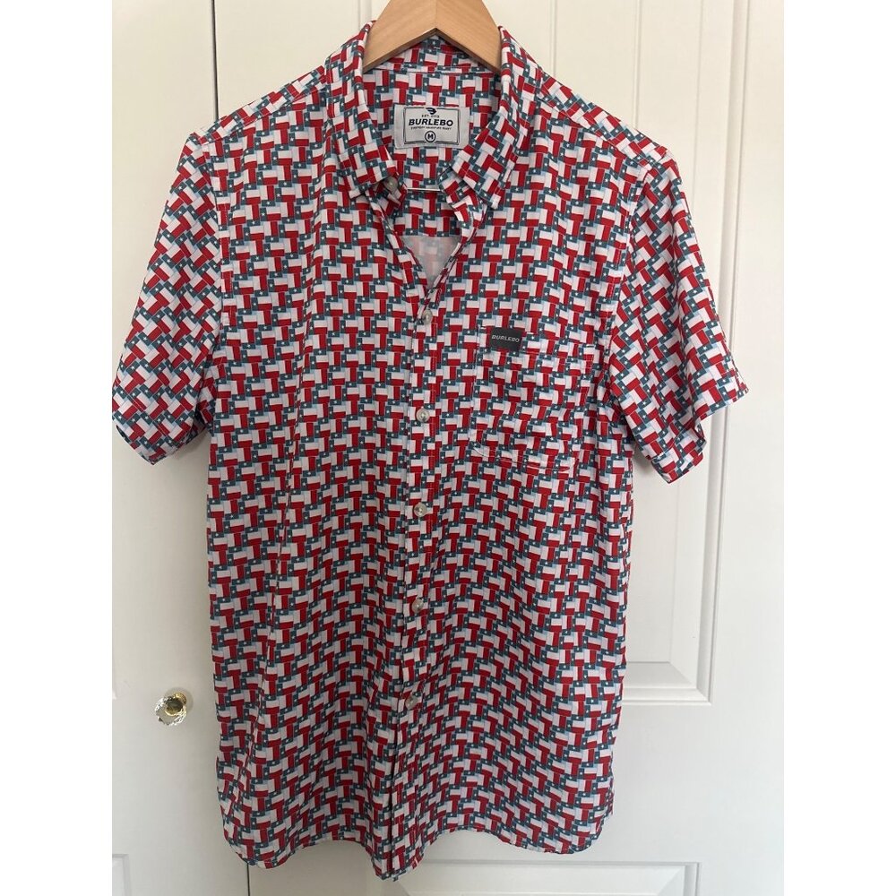Burlebo Performance Button Up Shirt Men's Medium Texas Flag Print Short Sleeve